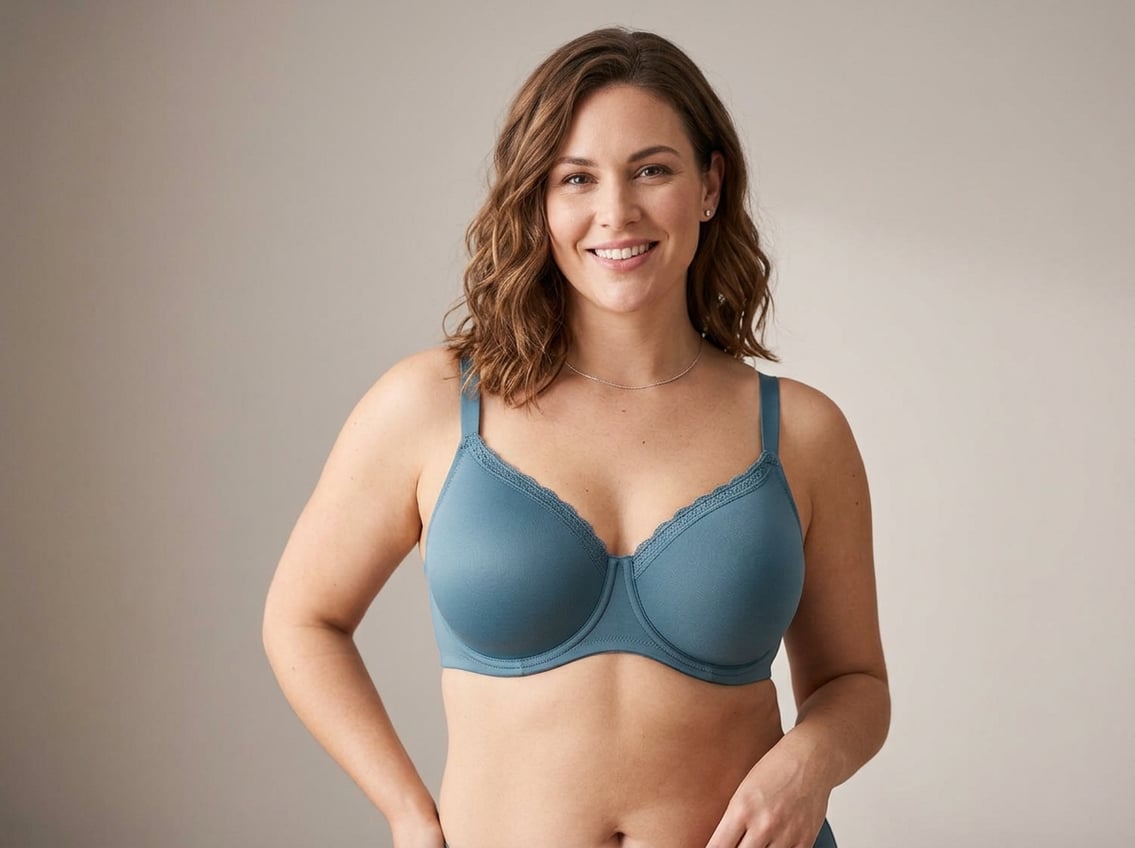 A woman wearing a well-fitted supportive bra designed for wide-set breasts, posing confidently against a neutral background.
