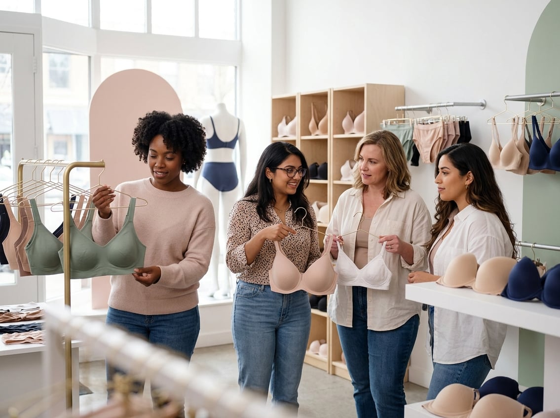 A group of women shopping for bras in a bright and modern lingerie store.