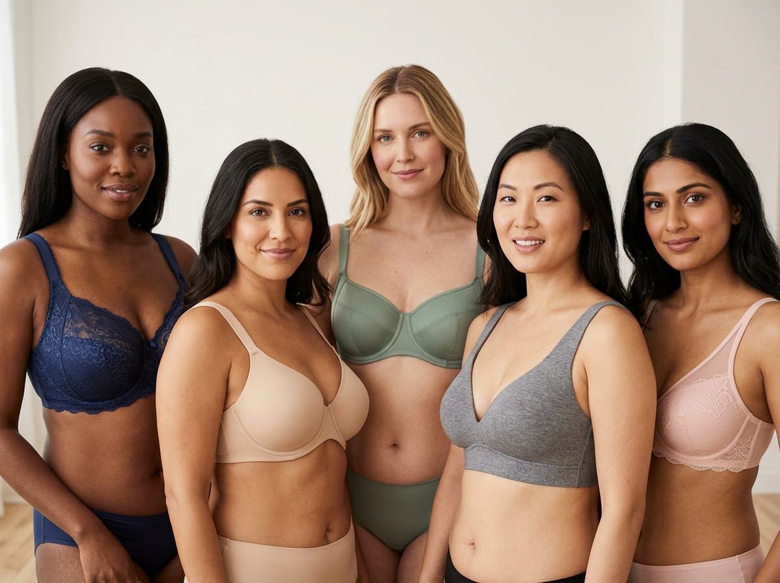 A group of women wearing different bras designed for wide set breasts, shown from shoulders to mid-torso in a bright studio.