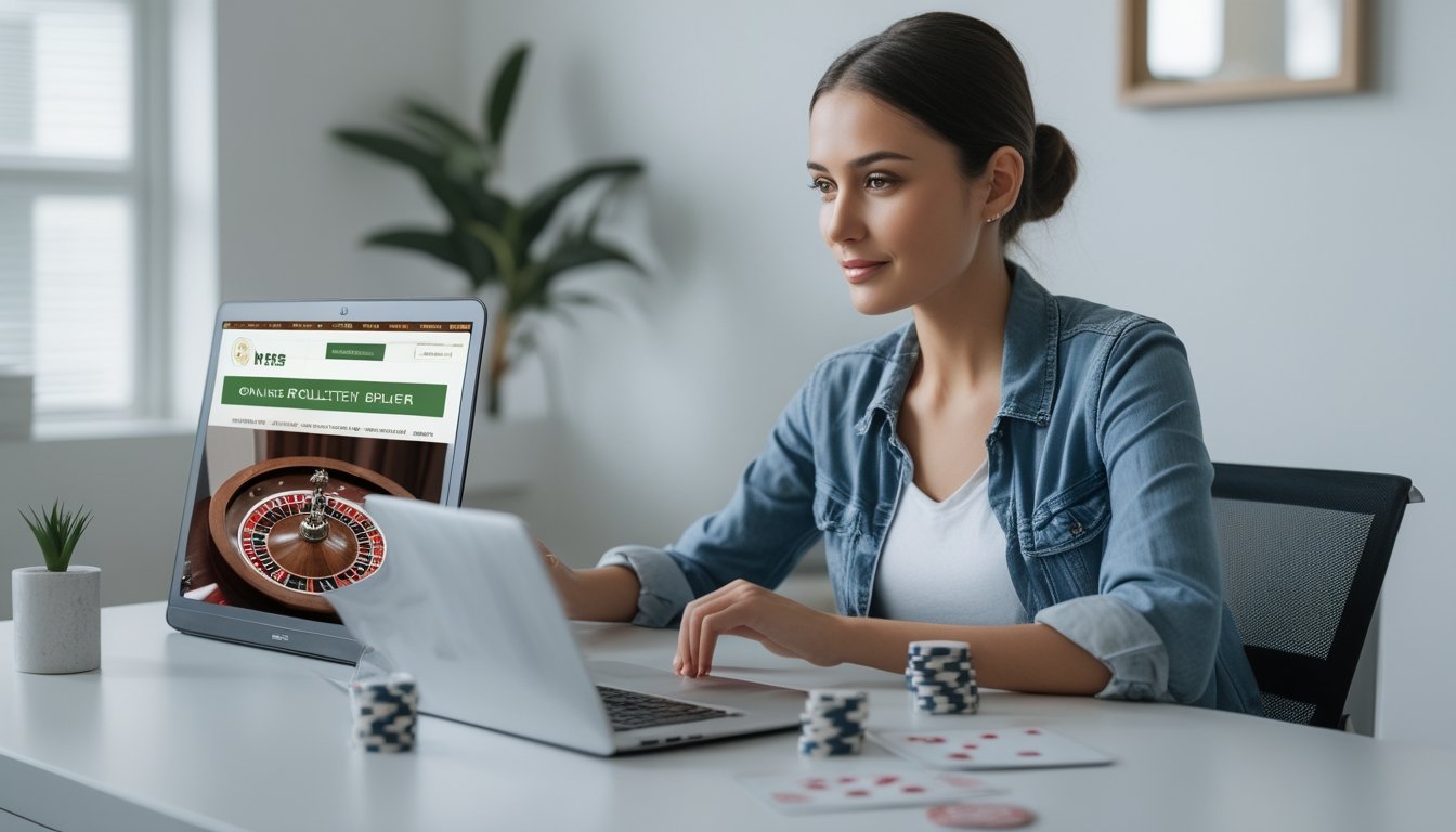 Seorang wanita muda duduk di meja dengan laptop, fokus menggunakan situs roulette online dalam ruangan yang terang dan rapi.