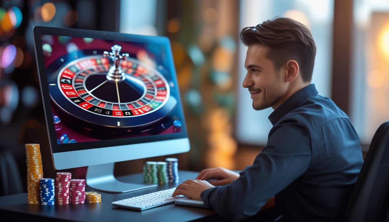 Seorang pemain duduk di depan komputer dengan tampilan roda roulette dan tumpukan chip di meja, fokus bermain roulette online.