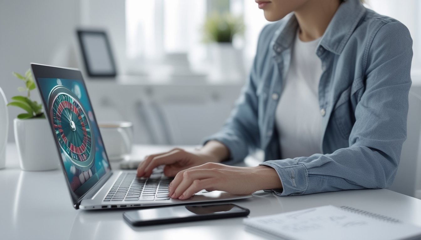 Seseorang duduk di meja dengan laptop yang menampilkan roda roulette dan chip kasino, terlihat fokus dan waspada saat mencari bandar roulette online.