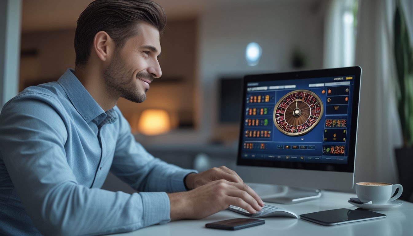 Seorang pria duduk di depan laptop dengan tampilan roda roulette digital, fokus dan tenang di ruang kerja rumah yang rapi.