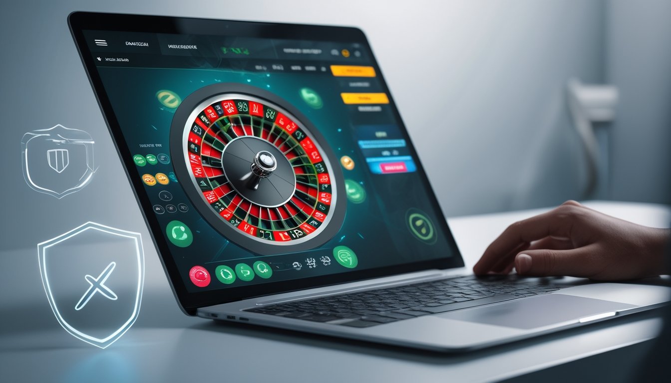 Layar komputer menampilkan permainan roulette online dengan roda roulette yang berputar dan simbol perlindungan digital di latar belakang.