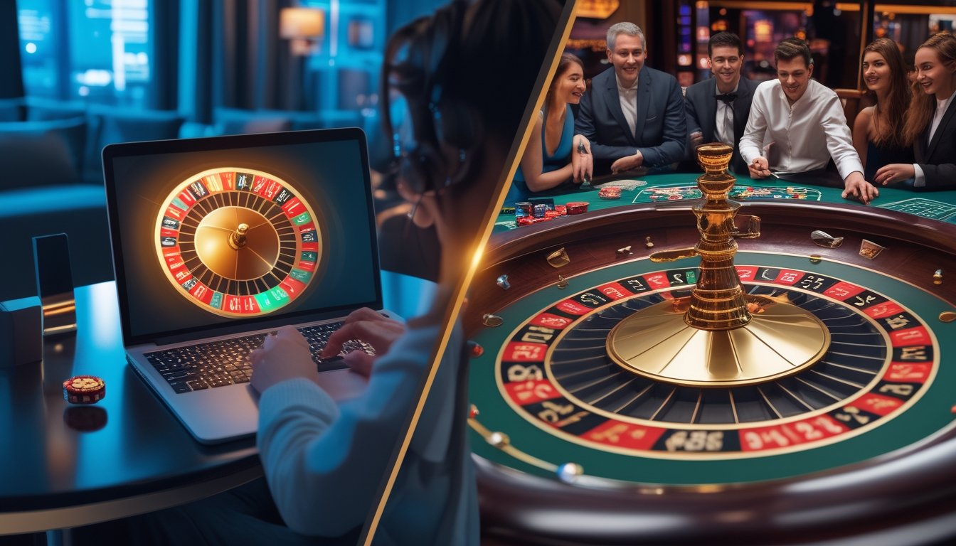 Seseorang bermain roulette online di rumah menggunakan laptop, dan suasana kasino dengan meja roulette dan pemain di sisi lain.