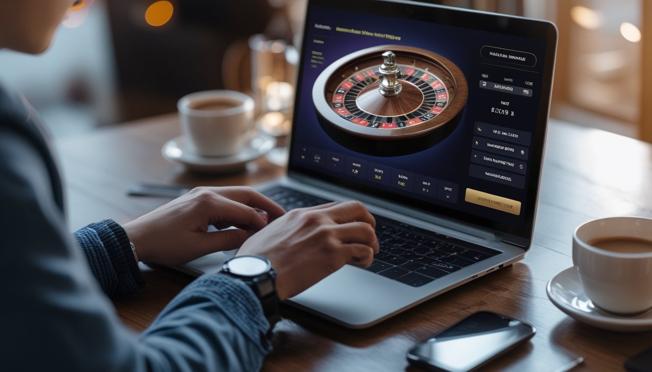 Seseorang menggunakan laptop dengan tampilan permainan roulette online di layar, di meja terdapat ponsel dan cangkir kopi, suasana nyaman di dalam rumah.