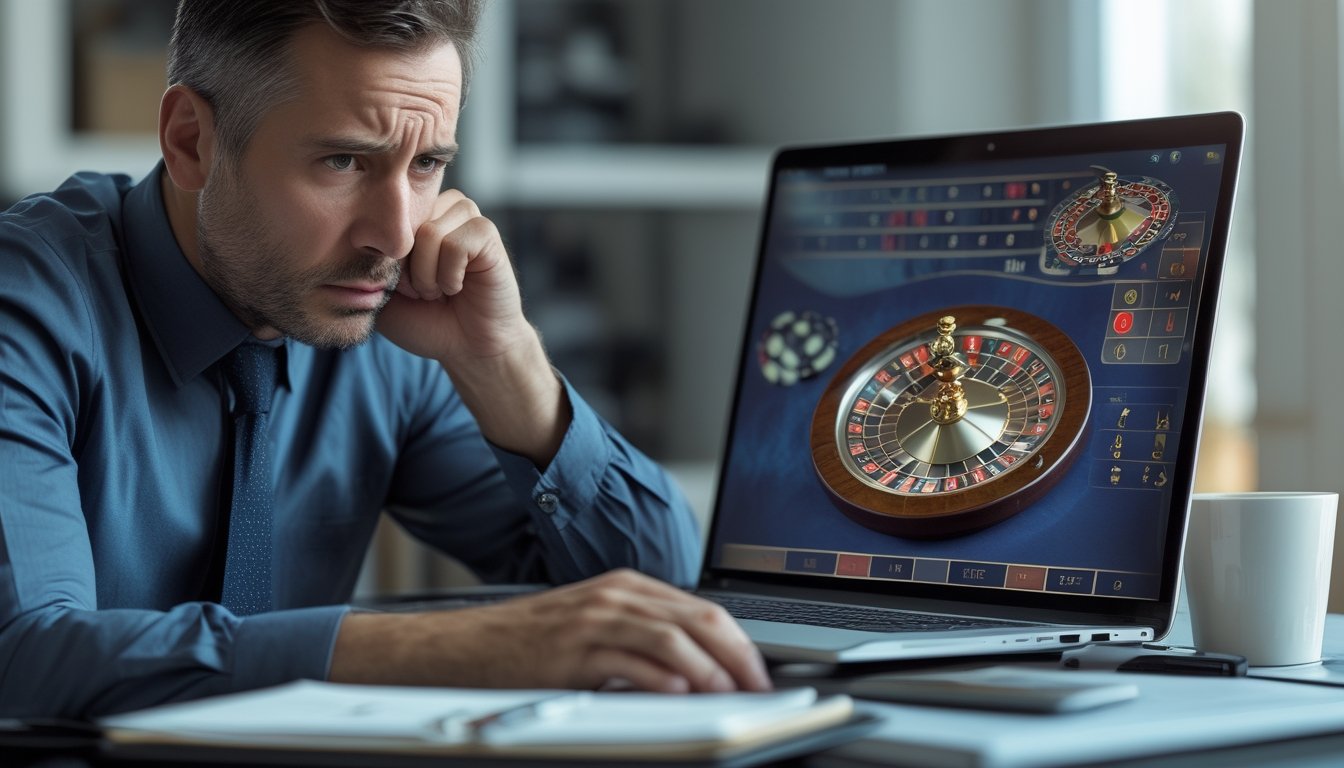 Seorang pria dewasa duduk di depan laptop yang menampilkan permainan roulette online, terlihat serius dan fokus di ruang kerja modern.