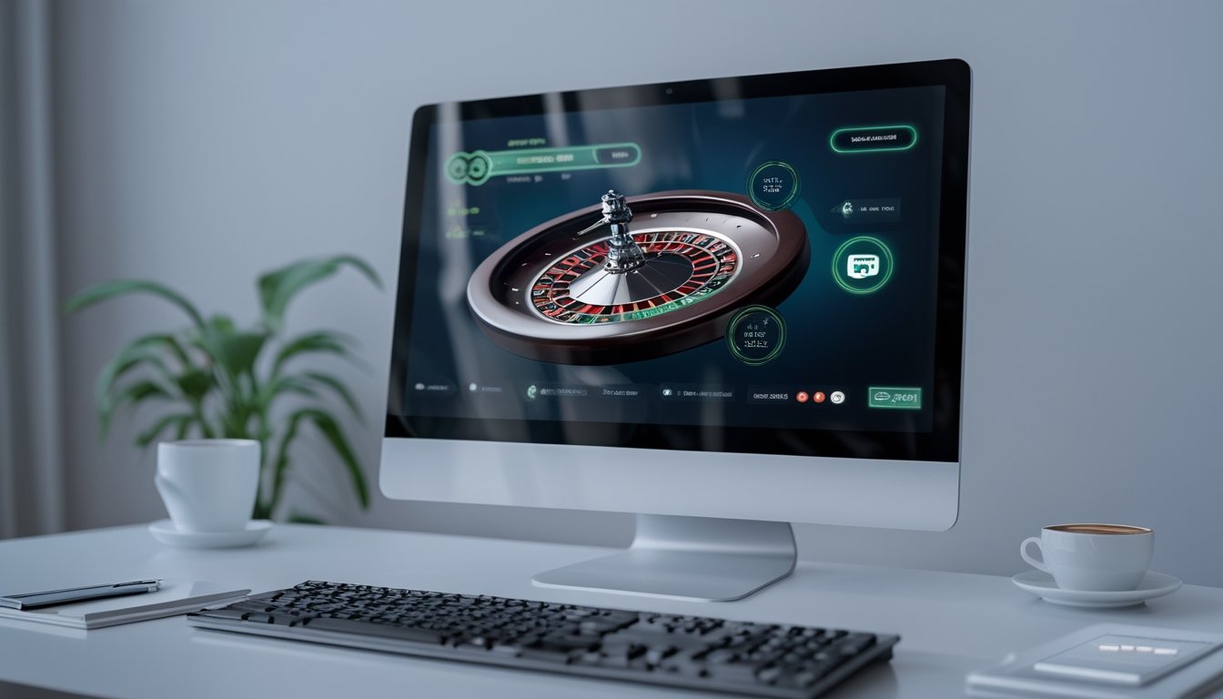 Sebuah meja kerja dengan komputer yang menampilkan roda roulette digital dan elemen fitur profesional di sekitarnya.
