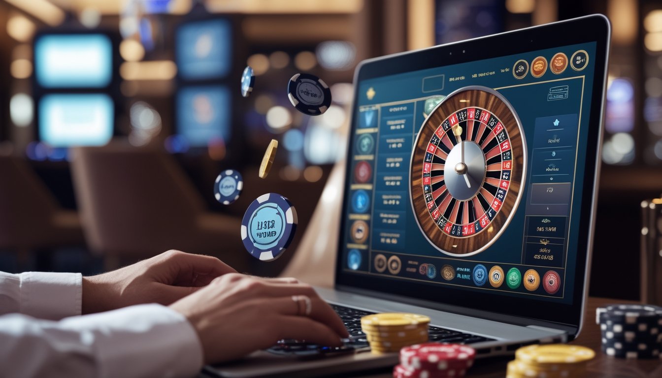 Sebuah meja roulette online dengan roda roulette digital dan chip berwarna-warni di layar komputer dalam suasana kasino yang elegan.