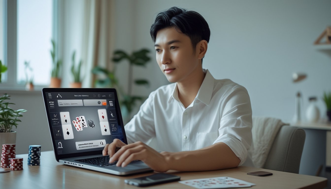 Seseorang muda Indonesia duduk di meja dengan laptop bermain poker online di ruangan yang nyaman dan rapi.