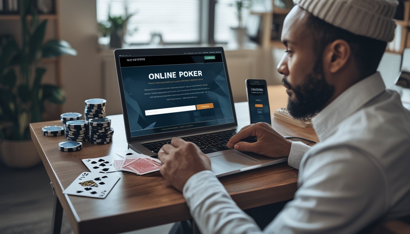 Seseorang duduk di meja dengan laptop, kartu remi, dan chip poker, fokus pada permainan poker online di lingkungan kantor rumah yang nyaman.