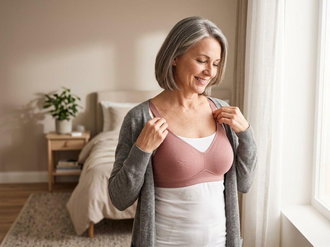 A mature woman adjusting her supportive bra in a softly lit bedroom.