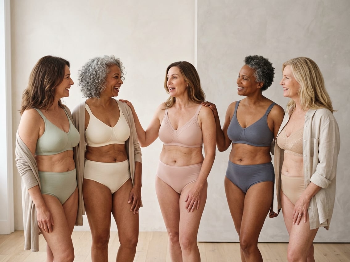 A group of mature women smiling and wearing comfortable bras in a bright studio setting.