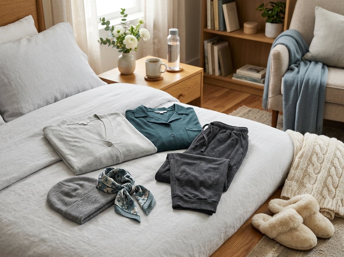 A cozy room with soft, loose clothing, a headscarf, slippers, and a warm blanket arranged to show comfortable wear for someone during chemotherapy or after surgery.