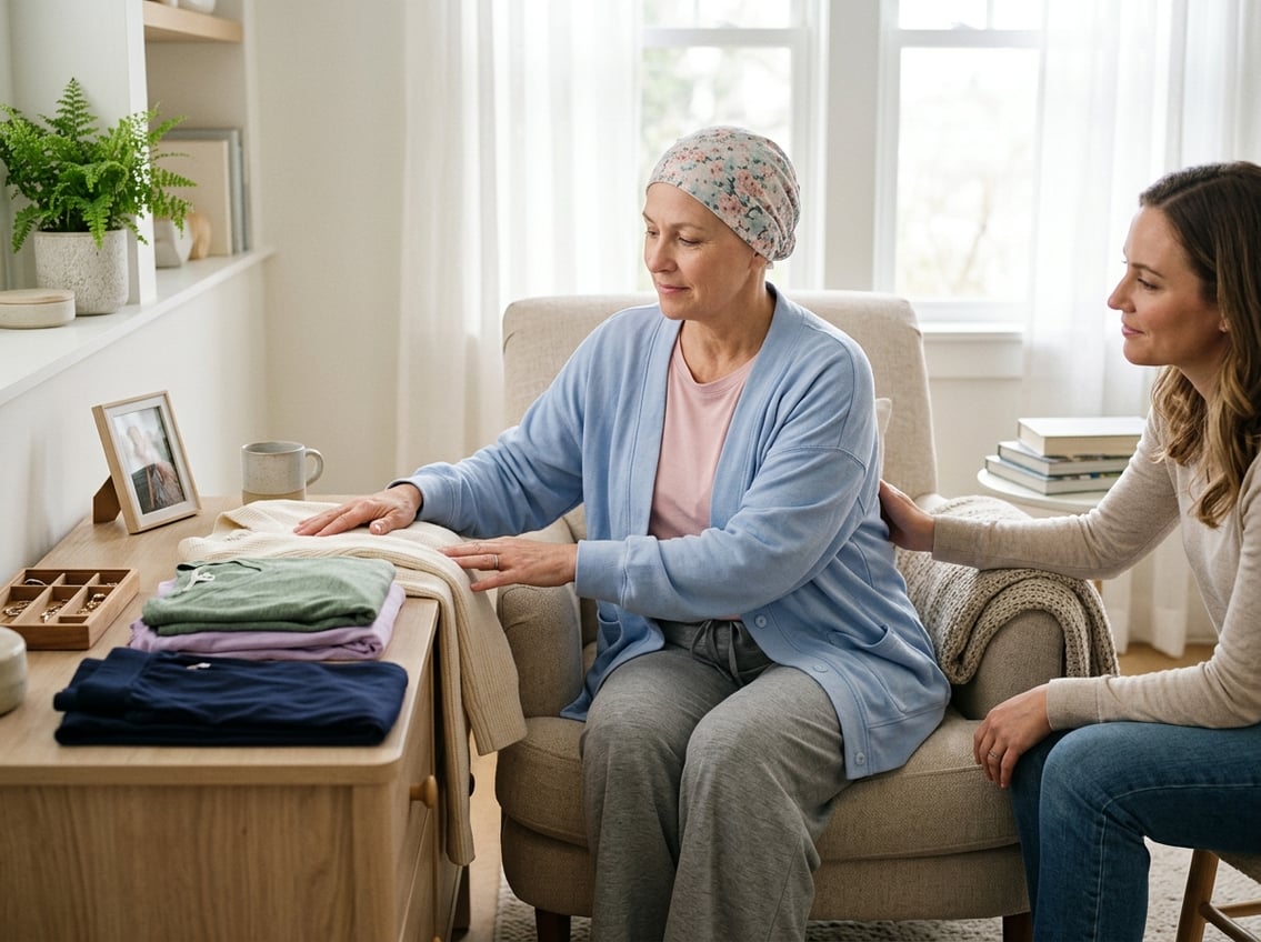 A woman sitting comfortably in soft, loose clothing in a bright room with natural light, surrounded by folded comfortable clothes and relaxing items.