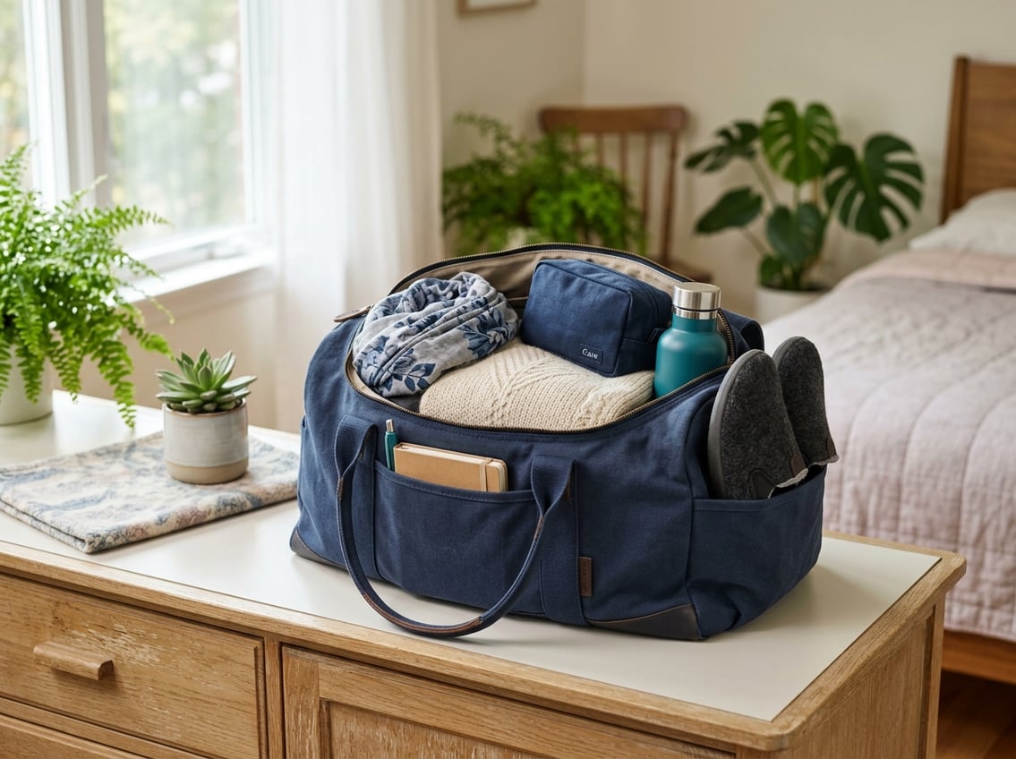 An open bag filled with comfortable clothing and essentials for a chemotherapy appointment on a light surface in a peaceful home setting.