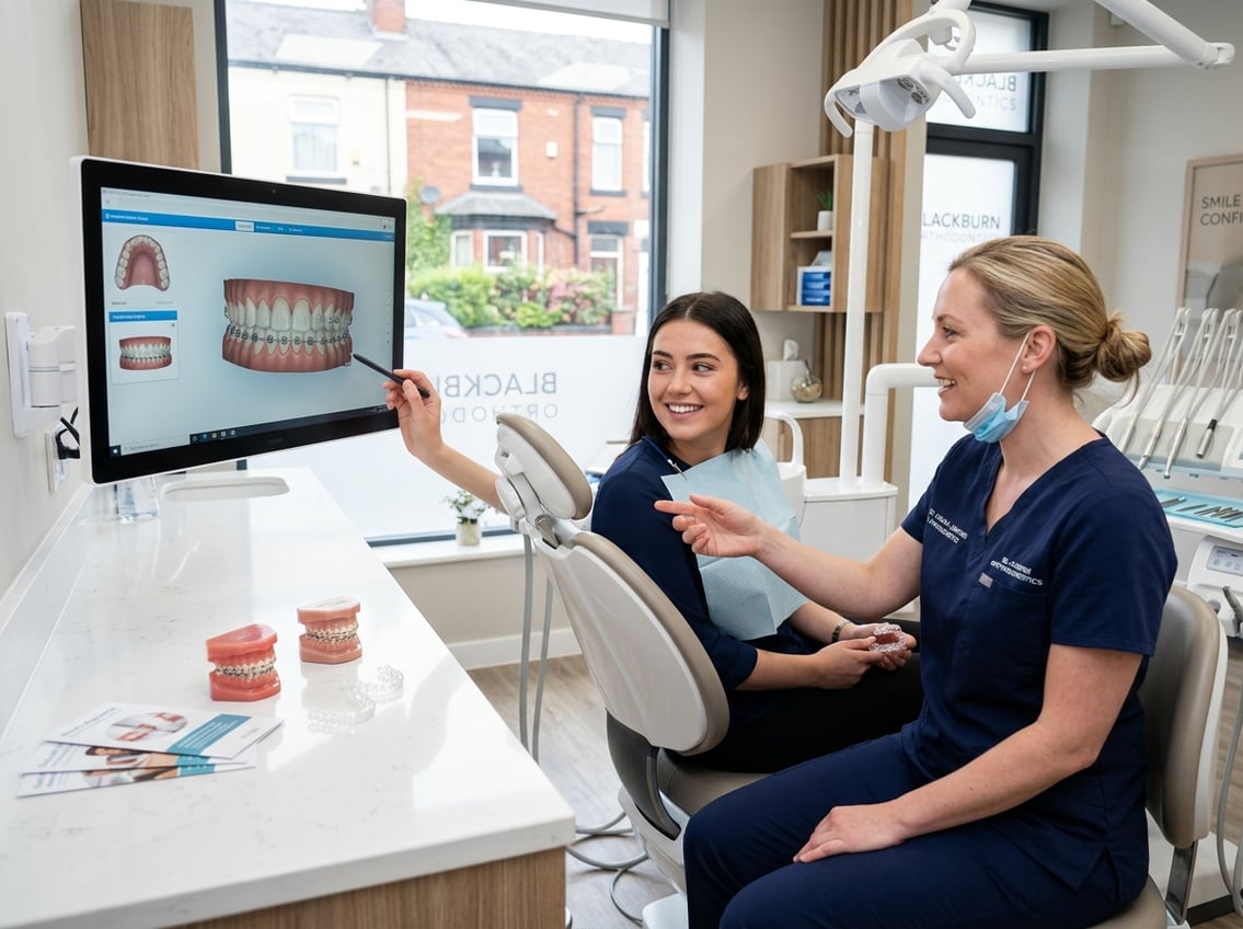 A young adult patient and orthodontist in a dental clinic discussing braces and clear aligners.