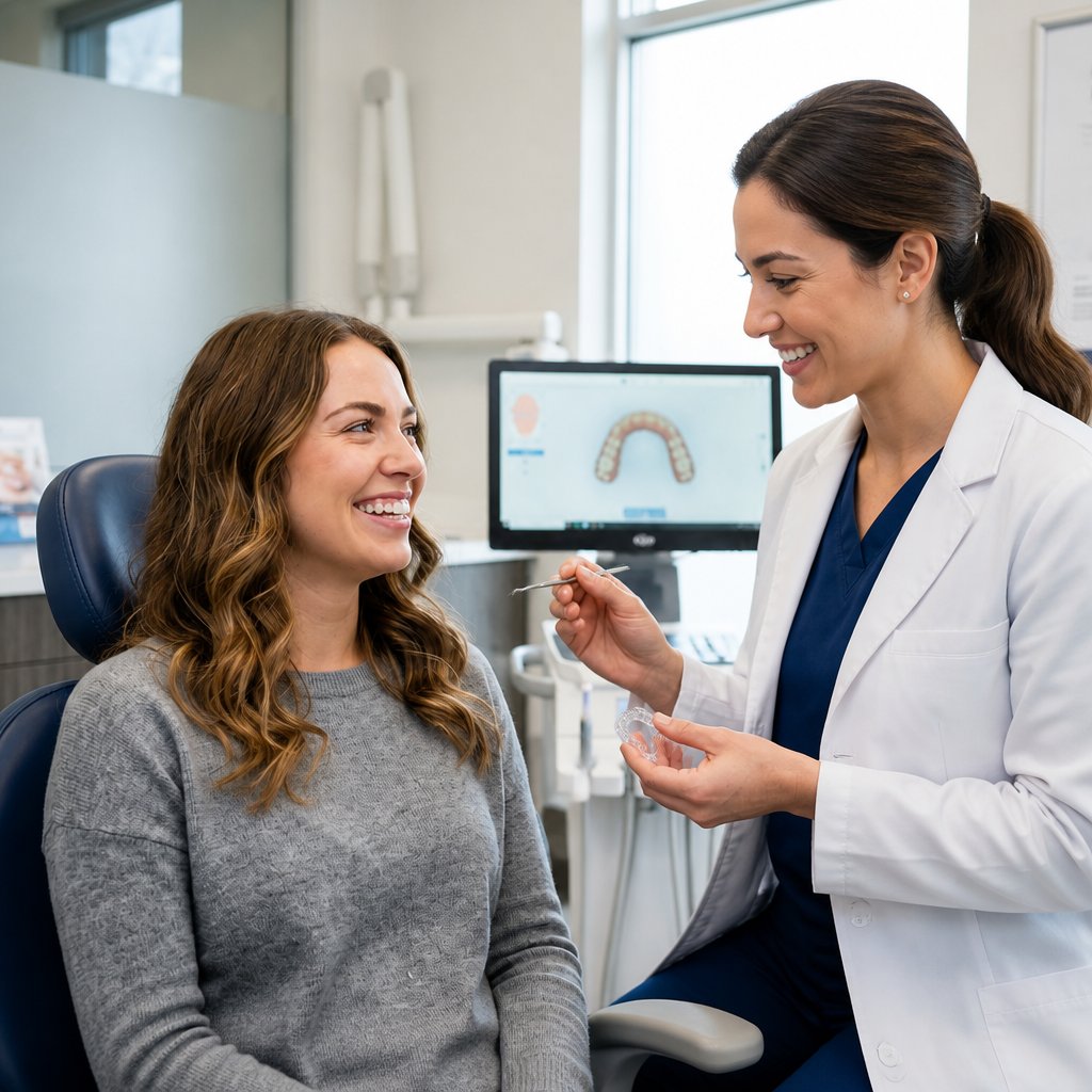 A young adult wearing clear aligners smiling in a dental clinic with an orthodontist explaining treatment.