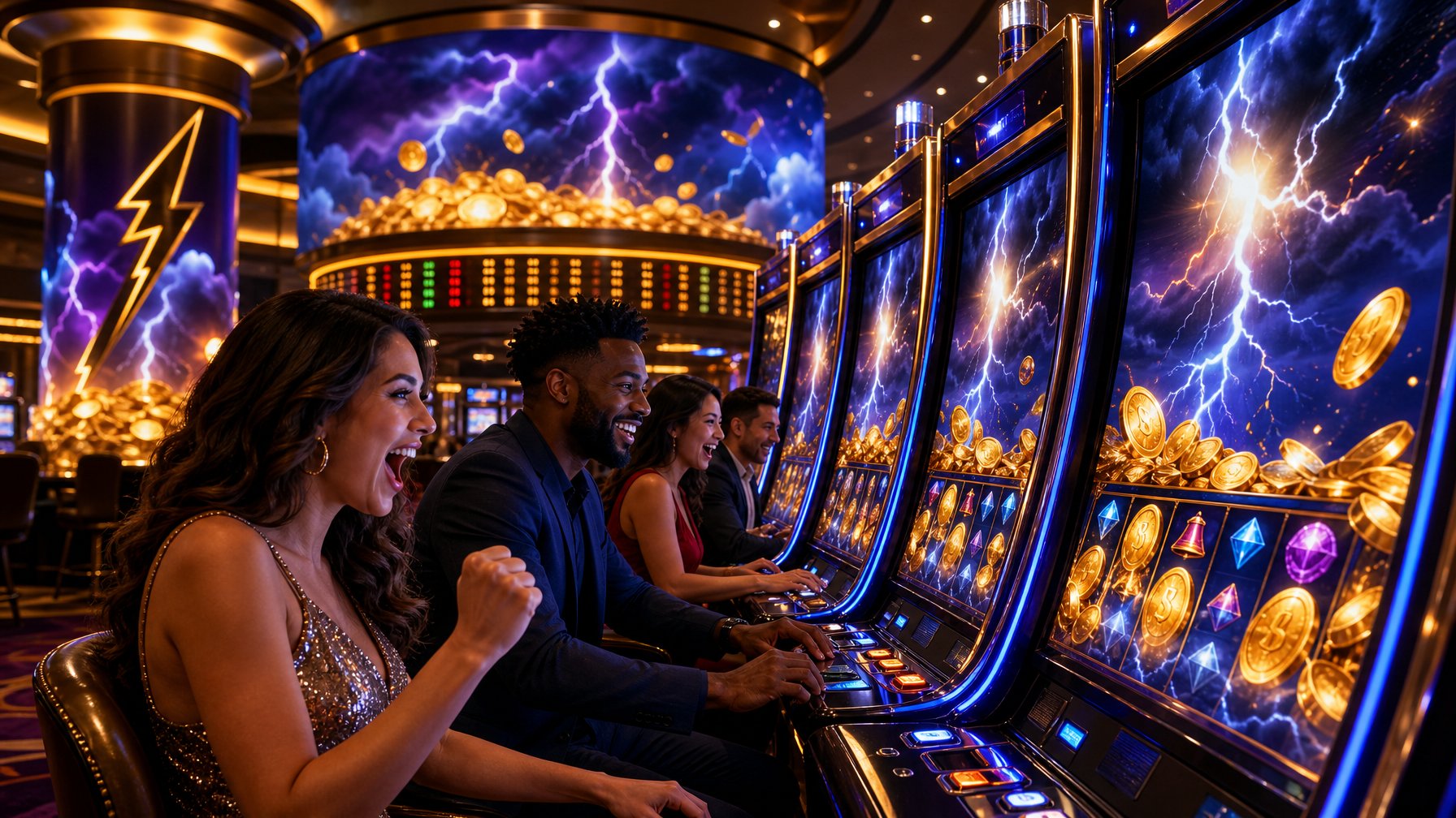 A Lively Casino Slot Machine Area With Bright Screens Showing Thunder And Lightning Themes, And People Playing The Machines.