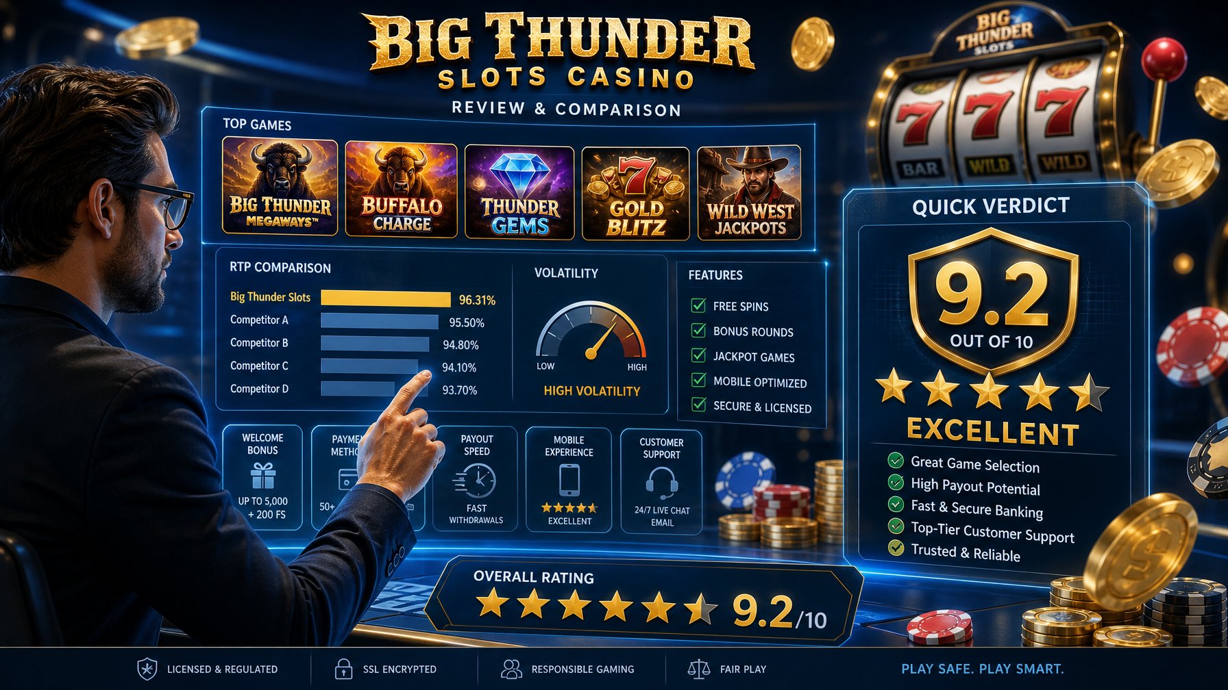 A Person Analyzing Casino Slot Machine Data On A Futuristic Digital Dashboard With Floating Coins And Slot Reels.