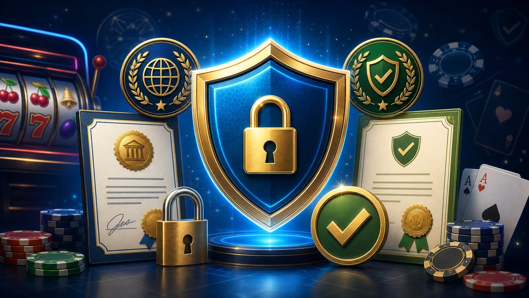 An Illustration Showing A Glowing Shield Surrounded By Licensing Badges, A Lock, And Casino Symbols Like Slot Machine Icons And Poker Chips, Representing Safety And Trust In An Online Casino.
