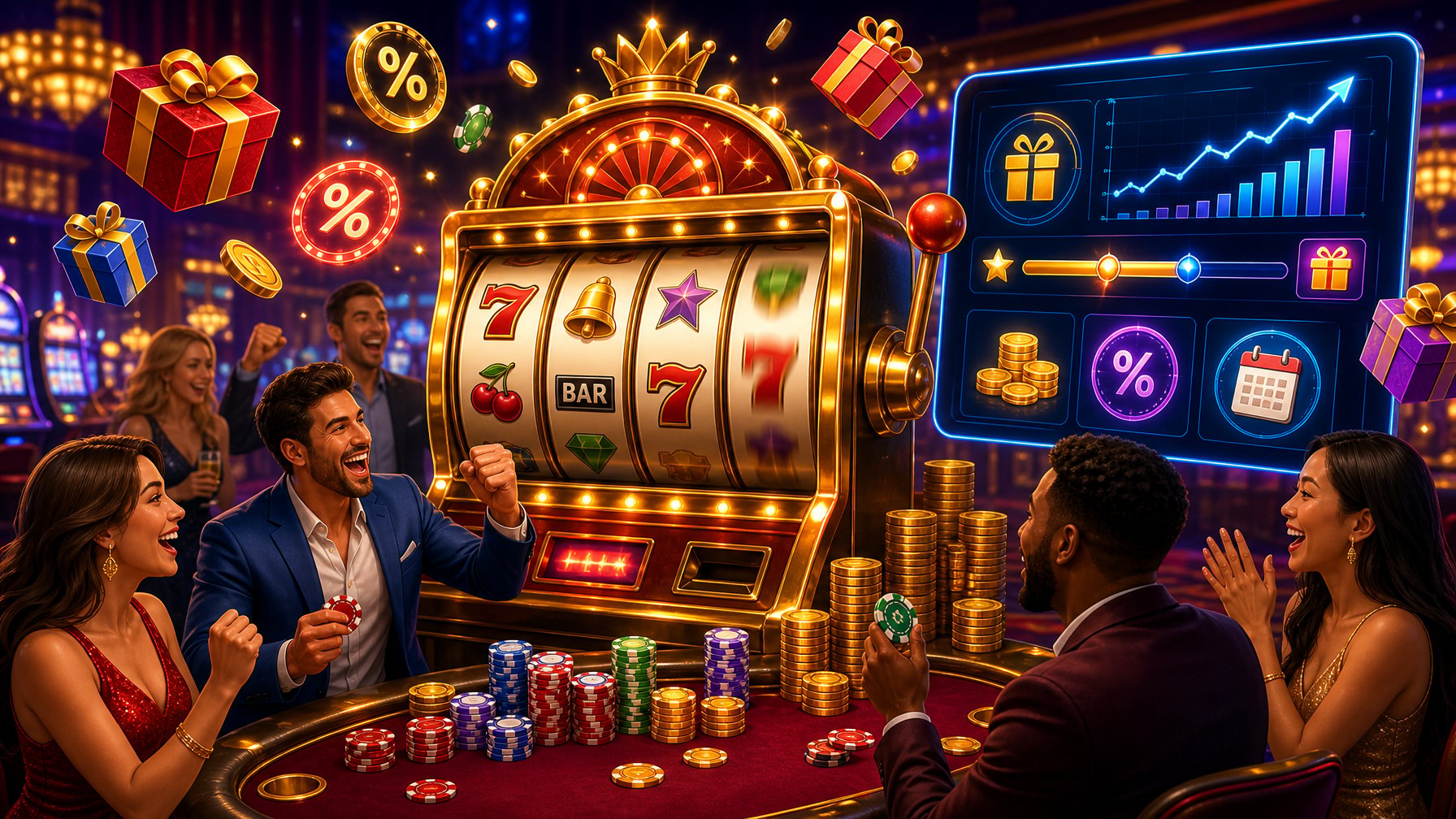 A Lively Casino Scene With A Golden Slot Machine, Players Celebrating Wins, Stacks Of Coins And Chips, And Digital Icons Representing Bonuses And Wagering Offers.