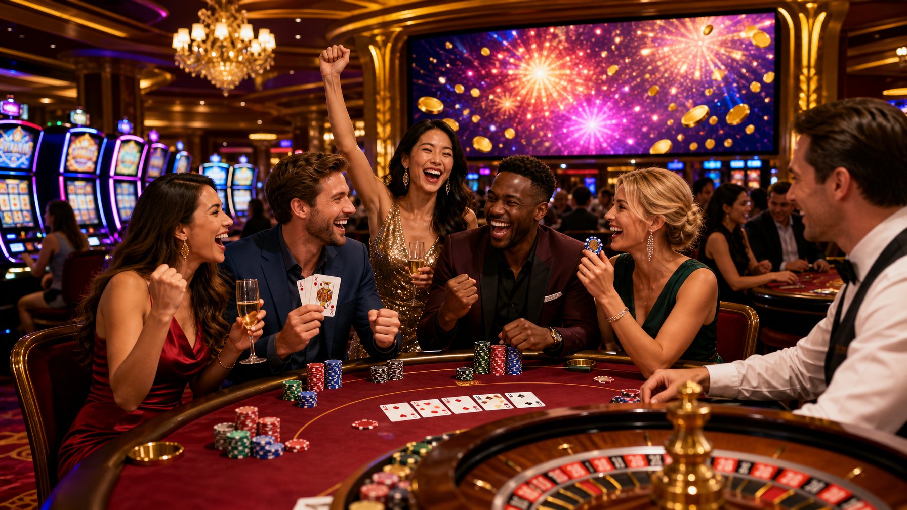 A Lively Casino Scene With People Celebrating A Big Win Around Slot Machines And Poker Tables.