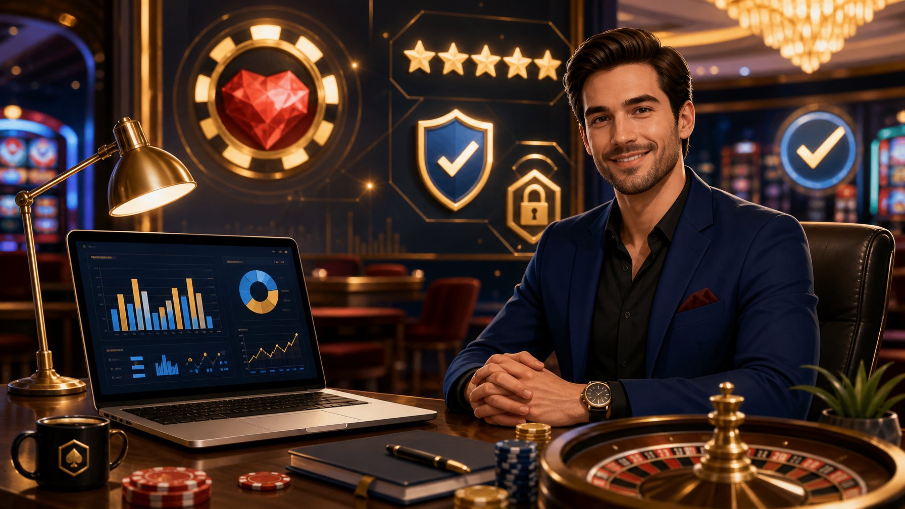 A Confident Person Reviewing Casino Performance Data On A Laptop In A Modern Casino Setting With Symbols Of Trust And Positive Ratings In The Background.