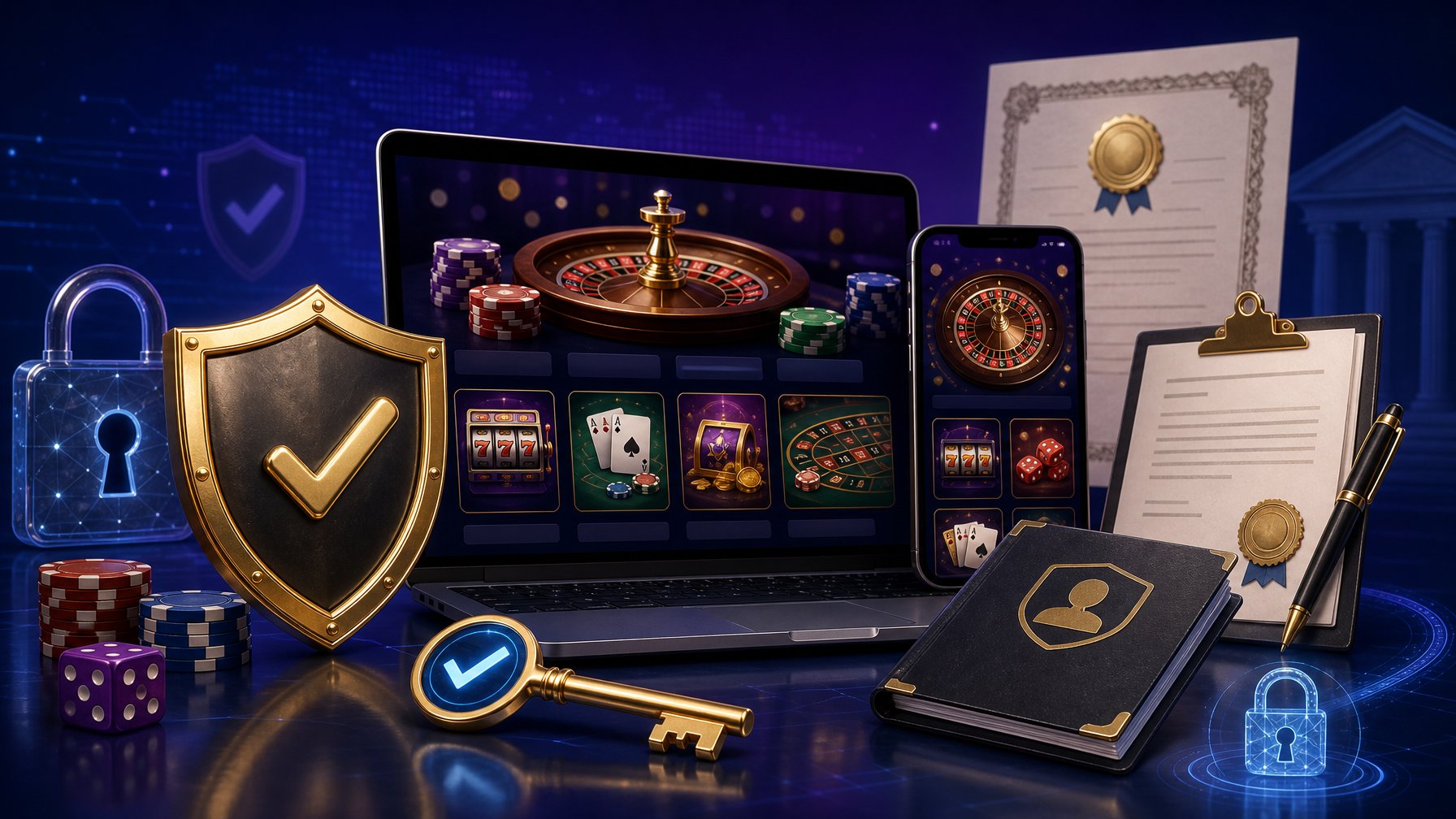 A Digital Device Displaying A Casino Interface Surrounded By A Shield With A Checkmark, Official Certificates, And Security Icons Representing Player Protection And Licensing.