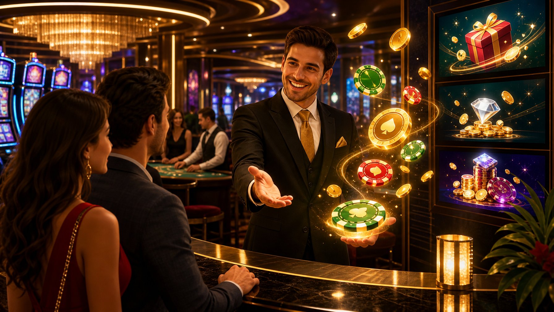 A Friendly Casino Host Welcoming New Players With Glowing Chips And Coins In A Modern Casino Setting With Slot Machines And Card Tables.