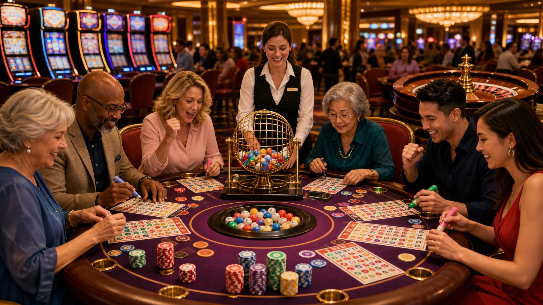 A Group Of People Playing Bingo At A Casino Table Surrounded By Slot Machines And Casino Elements.