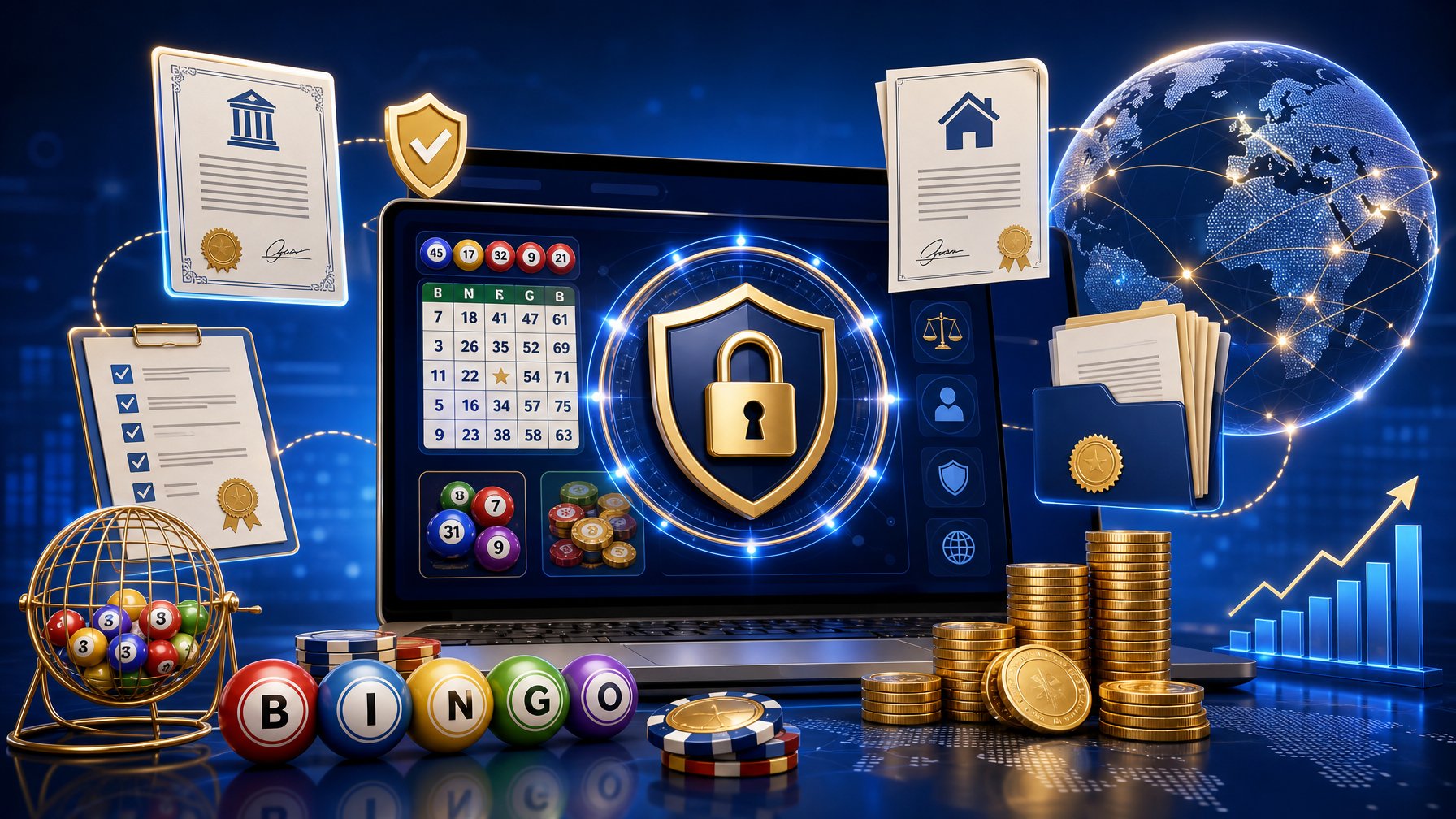 A Digital Interface Showing Symbols Of Licensing, Ownership, And Market Access For An Online Bingo Casino, Including A Secure Lock, Certificates, A Globe, Coins, And Bingo Elements.