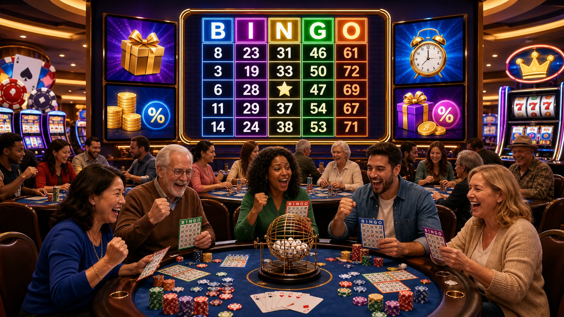 A Lively Bingo Hall With Diverse Players Engaged In A Bingo Game Surrounded By Casino Elements And Icons Representing Bonuses And Promotions.