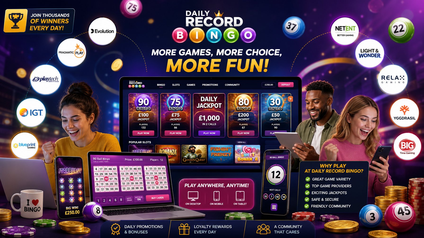People Playing Various Online Bingo And Casino Games On Computers And Mobile Devices Surrounded By Game Icons And Bingo Elements.