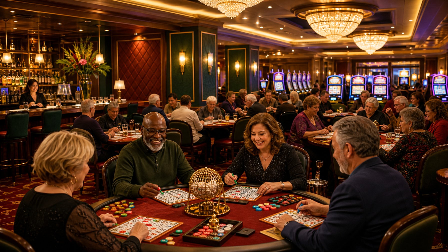 A Lively Casino Bingo Hall With Players Sitting At Tables, Playing Bingo, Surrounded By Slot Machines And Warm Lighting.