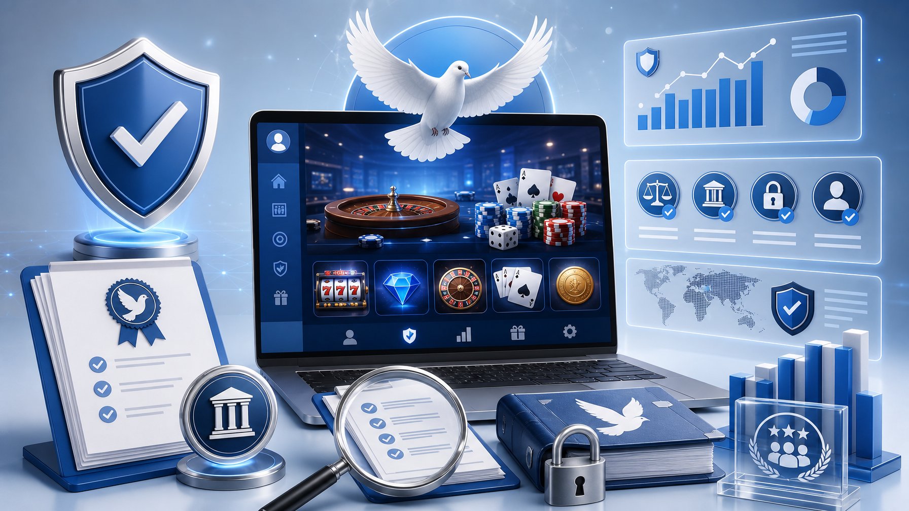 A Digital Interface Showing Secure Online Casino Features With Icons For Trust, Regulation, And Transparency, Including A Dove Symbol And Compliance Badges.