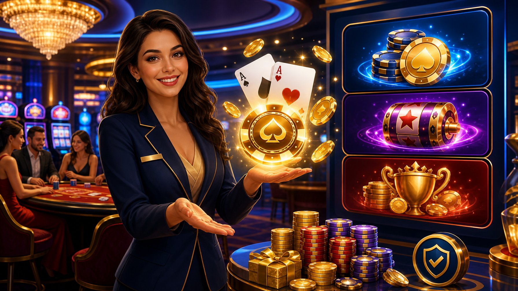 A Welcoming Casino Scene With A Host Presenting Glowing Chips And Coins, Surrounded By Slot Machines And Gaming Tables.
