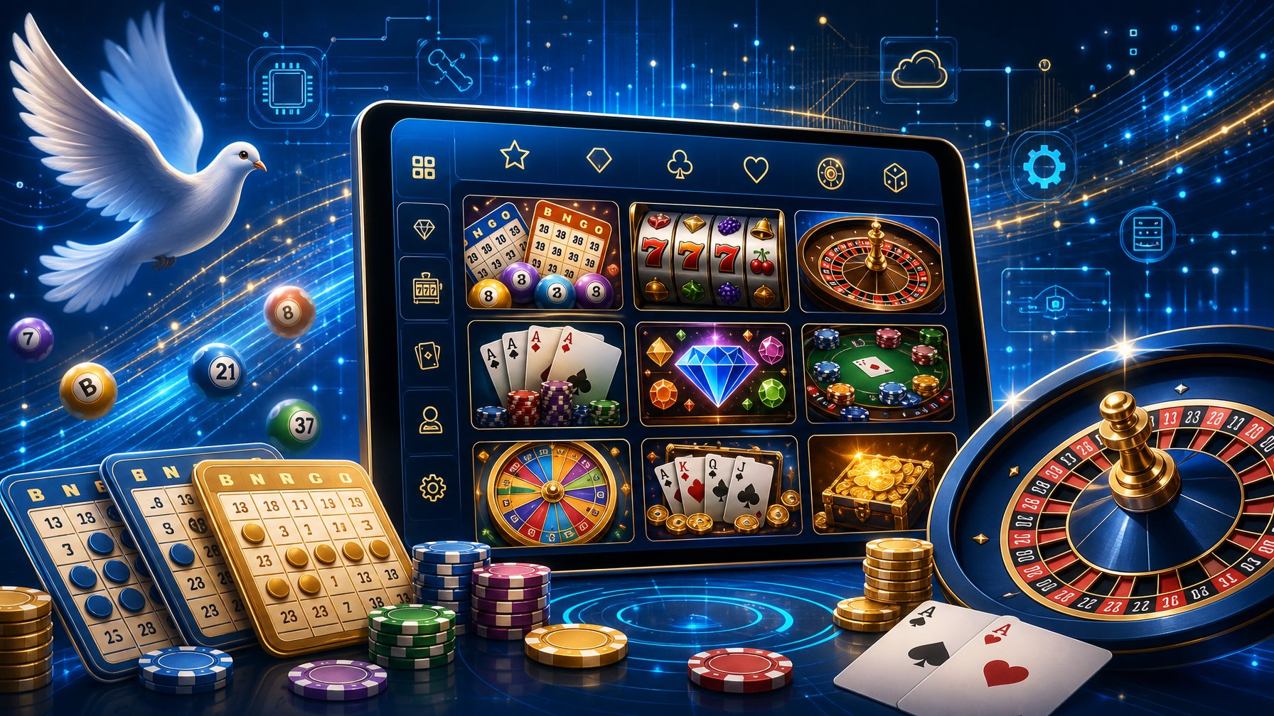 A Digital Interface Displaying A Variety Of Casino Games Like Bingo Cards, Slot Machines, Poker Chips, And Roulette Wheels With Abstract Technology Elements In The Background.