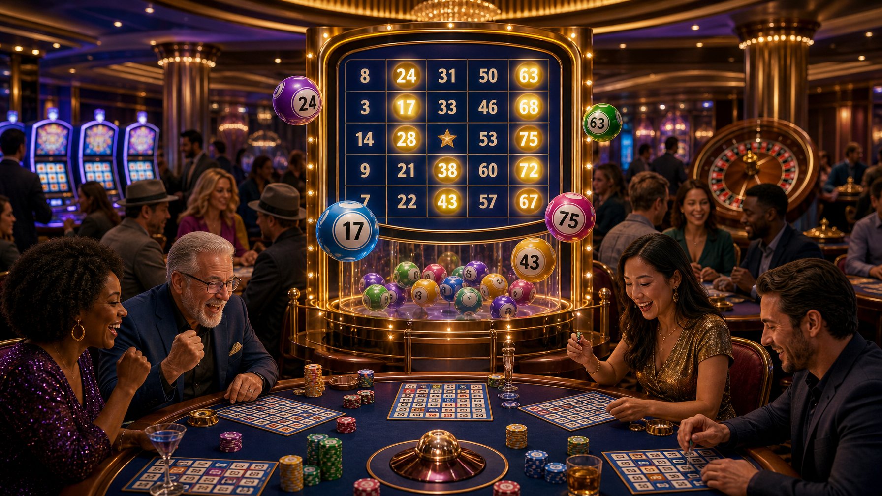 A Lively Casino Scene With People Playing Bingo Around A Large Glowing Bingo Board, Surrounded By Casino Elements Like Slot Machines And Chips.