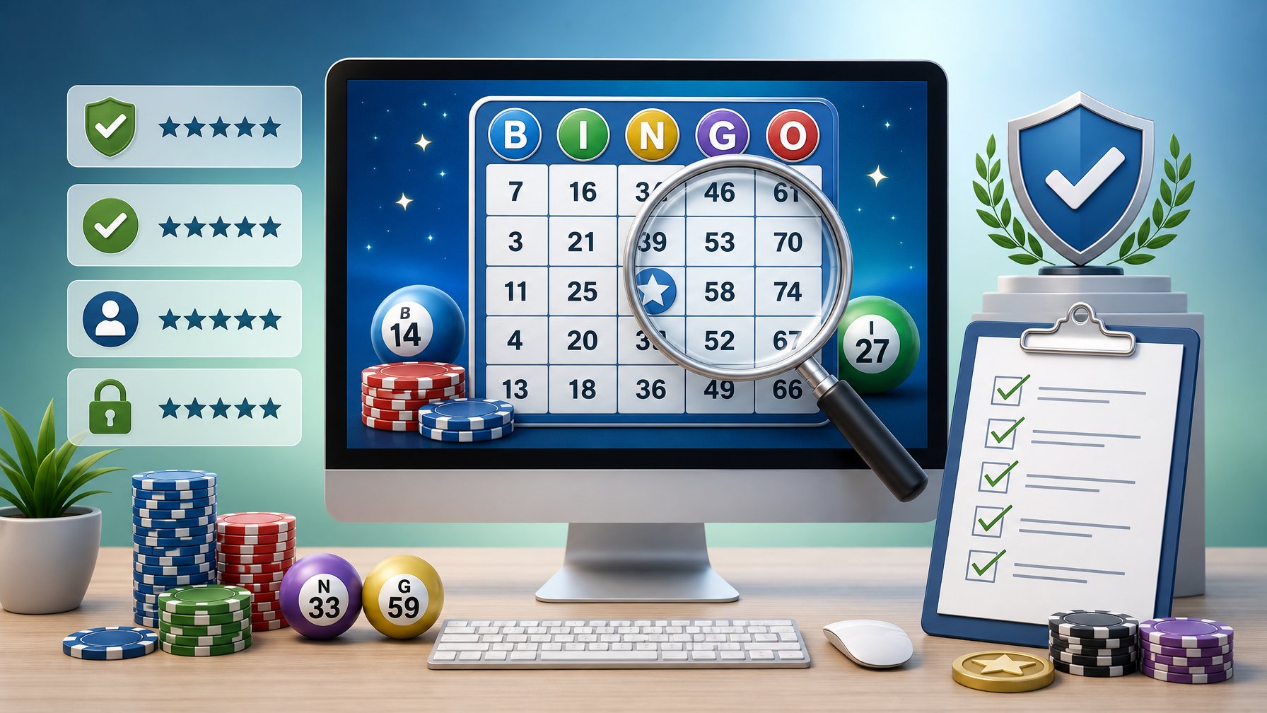 A Computer Monitor Showing A Bingo Card With Casino Chips And Symbols Of Trust Like Checkmarks And Stars Around It, Alongside A Magnifying Glass And A Checklist On A Clipboard.