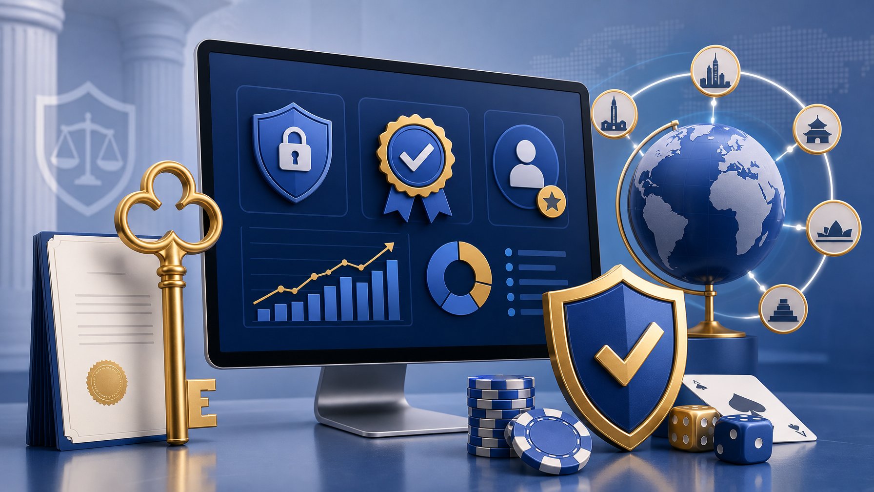 A Digital Workspace Showing A Computer Screen With Icons Of Security, Certification Badges, A Golden Key, A Shield With A Checkmark, And Globe Symbols Representing Licensing And Market Access For An Online Casino.