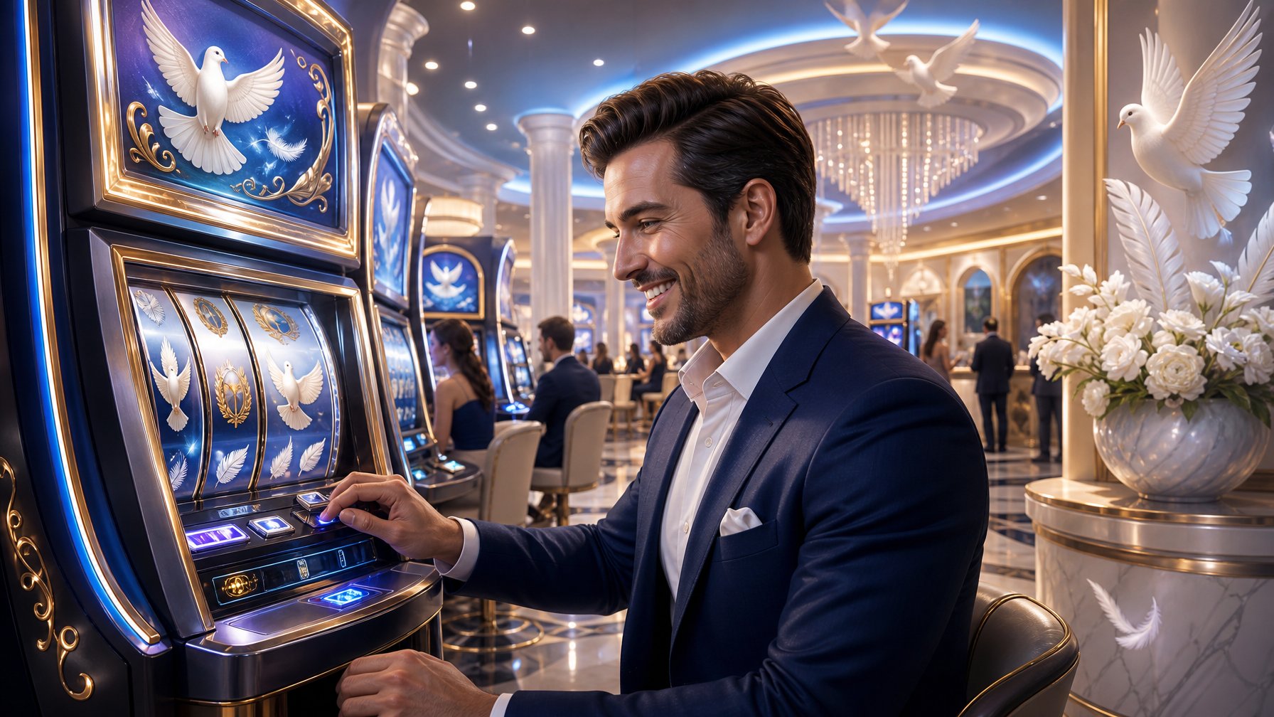A Person Playing A Slot Machine In A Luxurious Casino Decorated With DoveThemed Elements And Soft Colorful Lights.