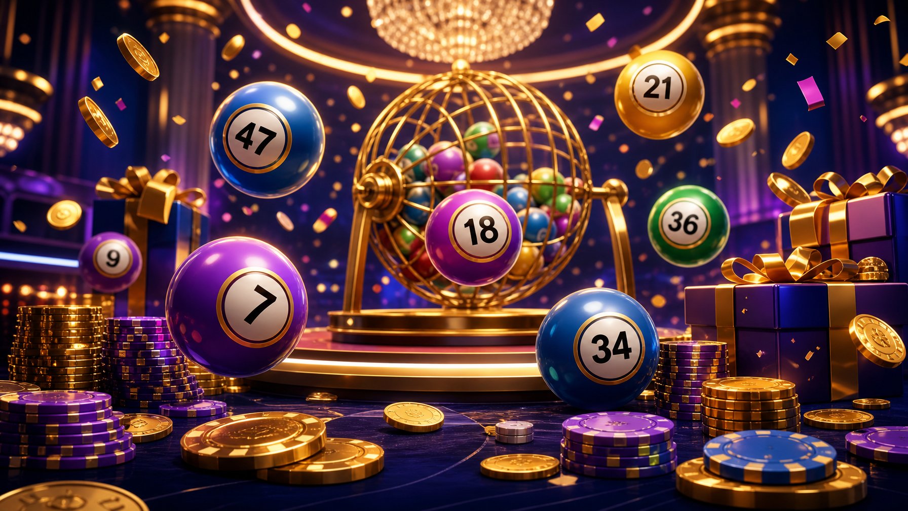 A Lively Casino Scene With Bingo Balls, Chips, Coins, And Gift Boxes Symbolizing A Welcome Offer And Promotion.