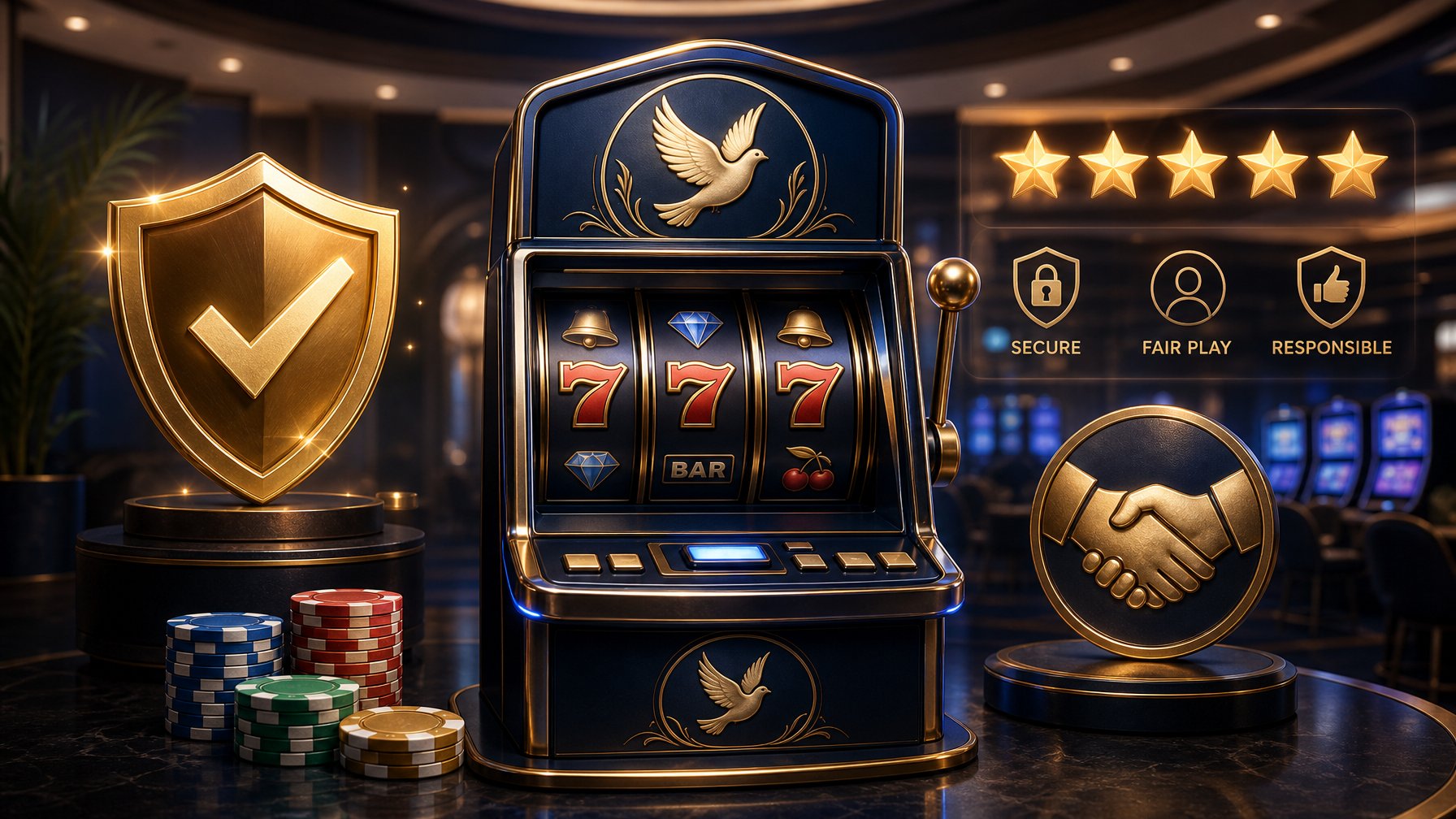 A Slot Machine Surrounded By Symbols Of Trust Including A Shield With A Checkmark, Stars, And A Handshake In A Softly Lit Casino Setting.