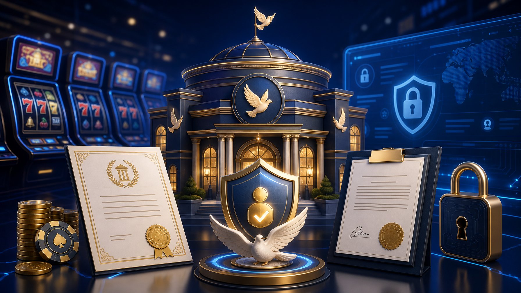 An Illustration Showing A Secure Casino Building With Dove Symbols, Security Shields, And Official Documents Representing Licensing And Player Protection.