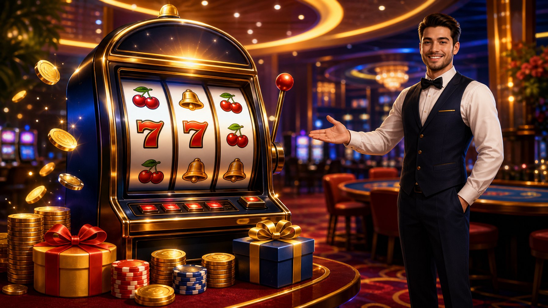 A Casino Interior Showing A Slot Machine With Colorful Reels, Glowing Coins, Chips, Gift Boxes, And A Friendly Attendant Inviting Players.