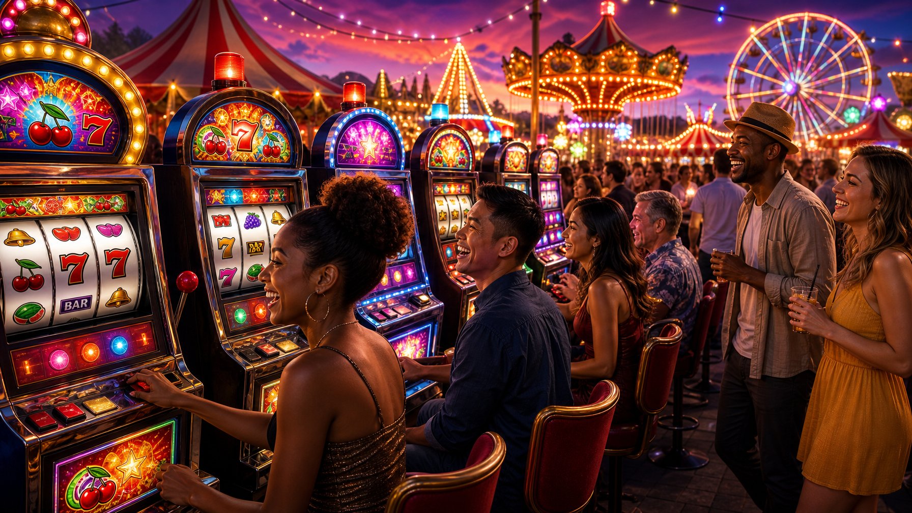 A Lively Casino Fairground With Slot Machines, Excited Players, And Festive Lights At Dusk.