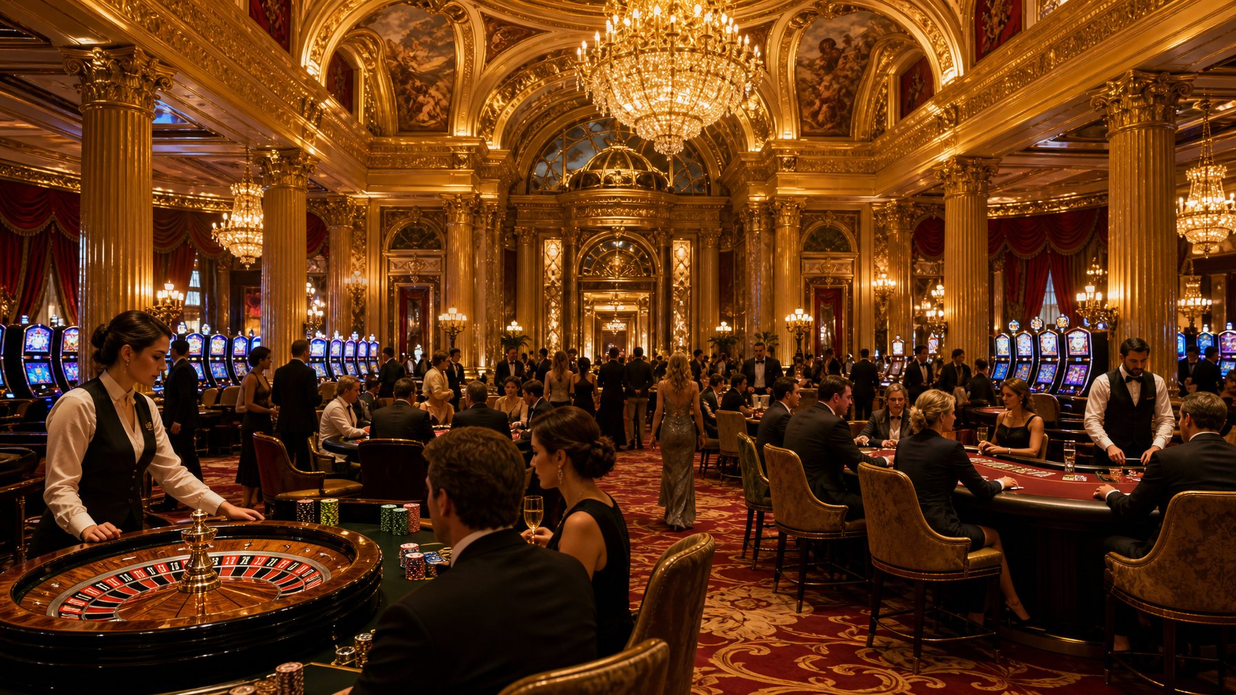 A Luxurious Casino Interior With Gaming Tables, Slot Machines, Dealers, And WellDressed Players In An Elegant Setting.