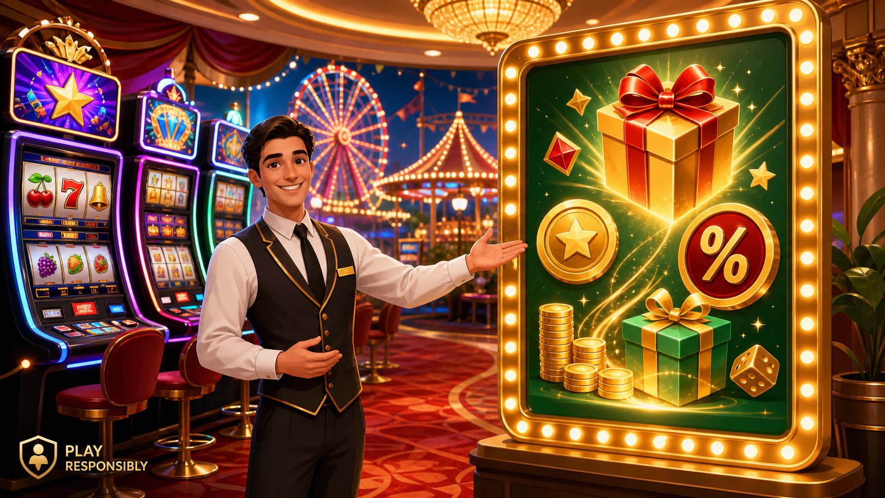 A Casino Scene With Slot Machines, A Host Pointing To A Promotional Display, And Festive Fairground Decorations In The Background.