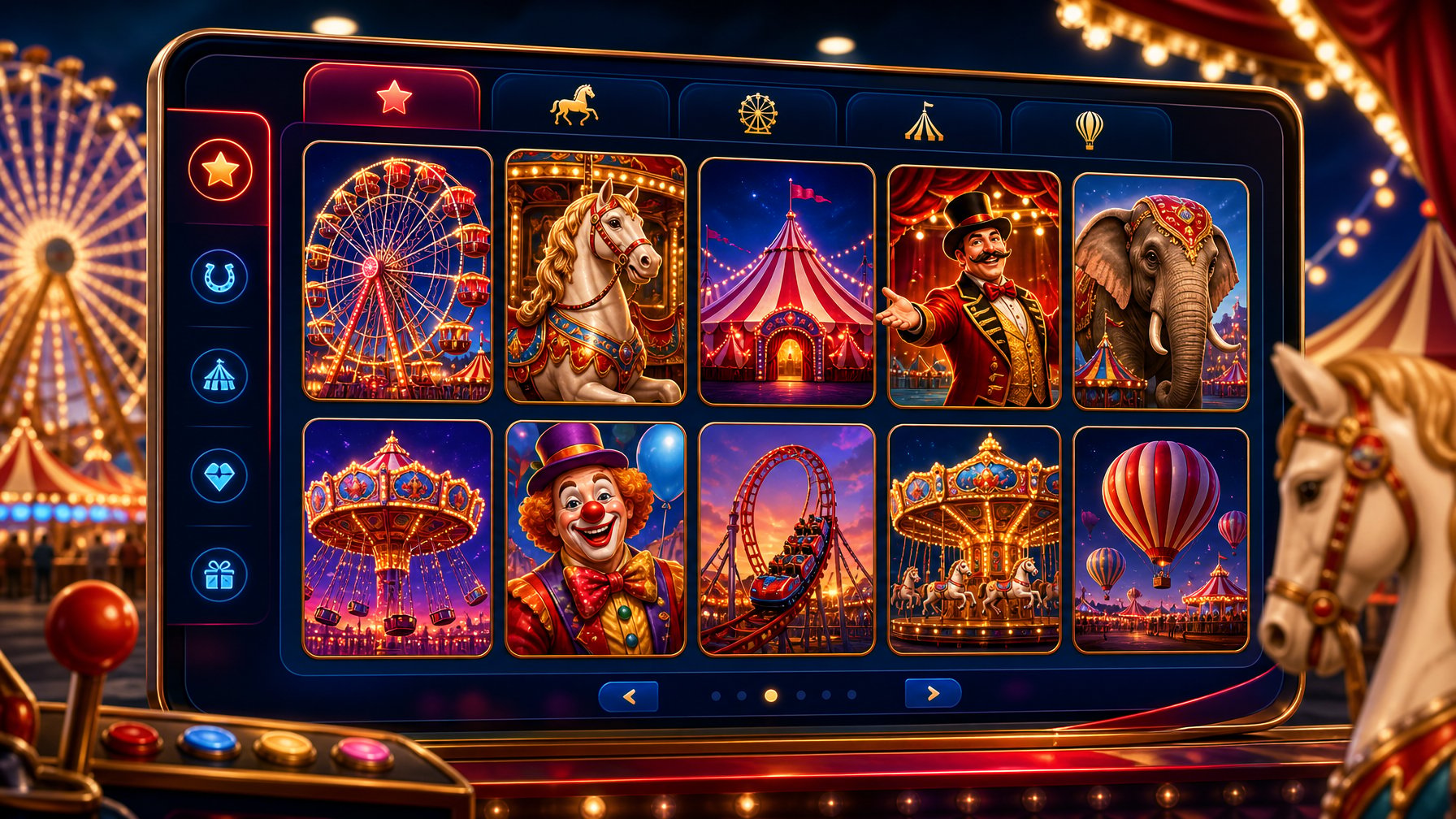 A Digital Interface Displaying Colorful FairgroundThemed Slot Machine Icons With Elements Of A Casino Games Library.